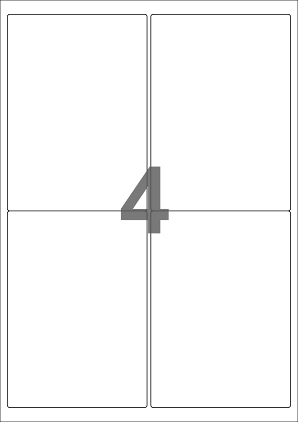 A4-etiketter, 4 Udstansede etiketter/ark, 99,1 x 139,0 mm, hvid blank/glossy, 100 ark